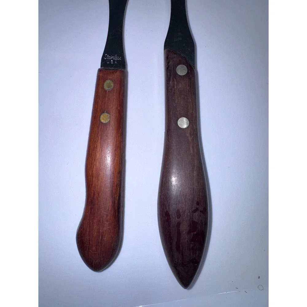 Vintage Stainless Steel Meat Carving Forks Set of 2Wood Handle USA Kitchen Tools